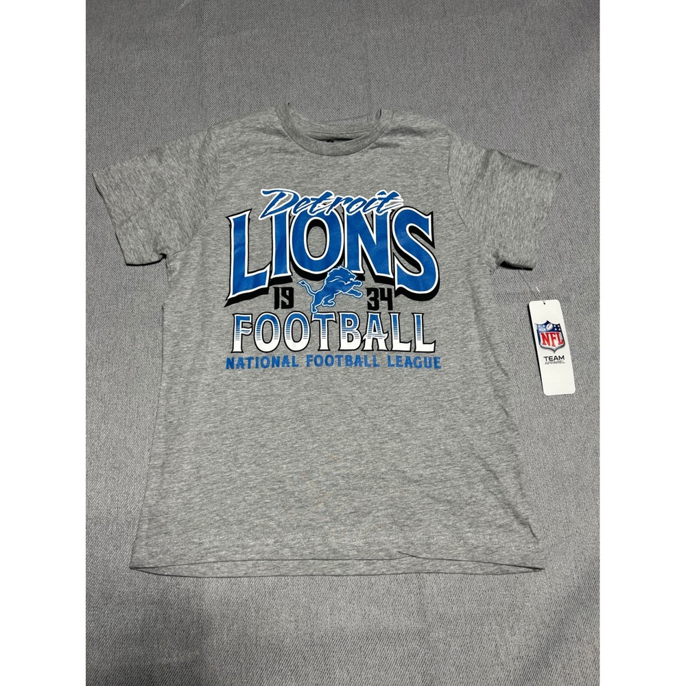 NFL Team Apparel Boys Detroit Lions Football Tee Size M 8/10 Gray Graphic Shirt